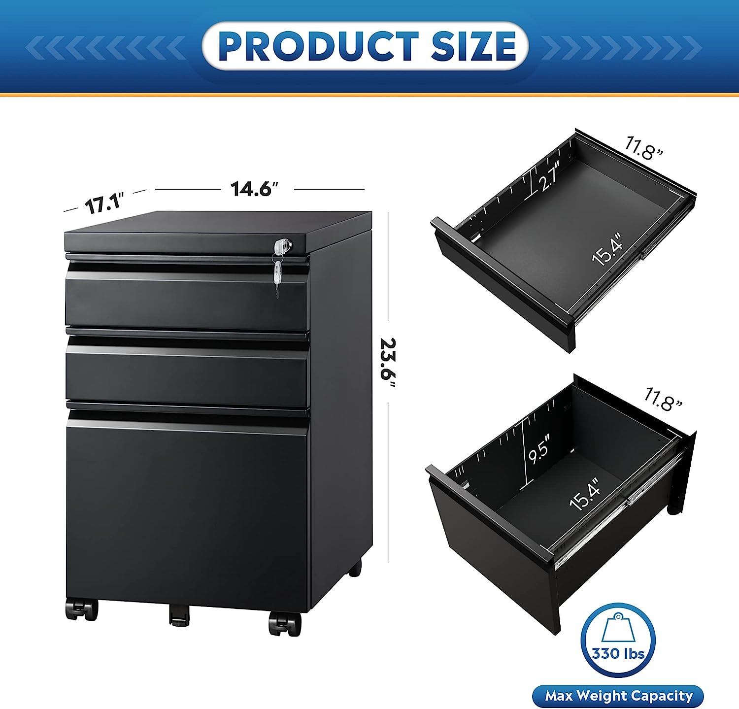 DEVAISE 3 Drawer Mobile File Cabinet with Lock, Under Desk Metal Filing Cabinet for Legal/Letter/A4 File, Fully Assembled Except Wheels, Black - Image 3